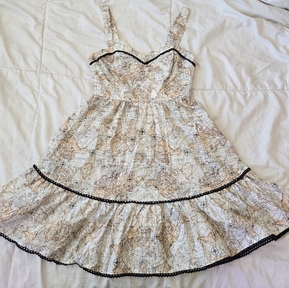 Map Print Pin-Up Dress with Black Trim